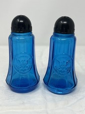Vintage Crownford Salt & Pepper Shaker Set Cobalt Blue Glass Shakers Embossed picture