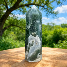 Natural Moss Agate Crystal Tower Obelisk Wand Healing Gemstone Home Decor Gift picture