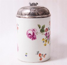 Antique Porcelain German Beer Stein Hand Painted w/Silver Lid Meissen c.1760 picture