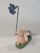 Vintage ERZGEBIRGE GERMANY  GIRL w/Violet Flower & BABY Carriage Wooden FIGURE picture