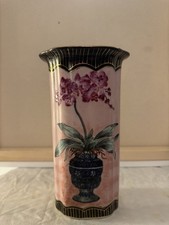 Vtg Toyo Ceramic Orchid Vase Pink Marbled Hexagonal Chinoiserie Porcelain 1980s picture