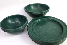 Lot of 8 Vintage Enamelware Green Speckled Metal Plates 4 Large Bowls, 5 Small picture