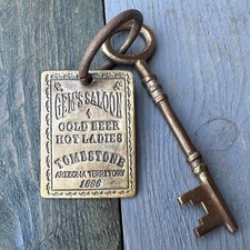 Gem's Saloon 1886 Tombstone Brothel Room Brass Tag & Key With Antique Finish picture