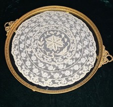 Vtg/Antique Gilt Brass Vanity Tray with Normandy Lace Doily Between Glass - 12” picture