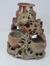 Vintage Chinese Soapstone Triple Vase Hand Carved 8.5