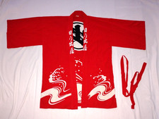 VINTAGE JAPANESE HAPPI COAT RED COTTON FESTIVAL HANTAN KIMONO JACKET WAVE SASH picture