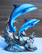 Nautical Marine Sea Ocean 2 Blue Dolphins Swimming Over Reef Waves Figurine picture