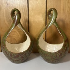 Retro Vintage 70S Floral Planter Flower Power Avocado Green & Brown Pair picture