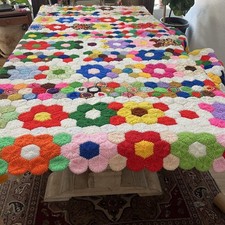 Vintage Grandmother's Flower Garden Crochet Afghan Blanket 79” x 84” Thick picture