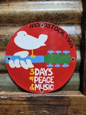 VINTAGE WOODSTOCK PORCELAIN SIGN OLD 1969 HIPPIE PEACE MUSIC FESTIVAL NEW YORK picture