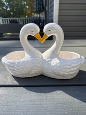 Vintage Ceramic Kissing Swans Double Planter MCM White Heart Love Birds picture