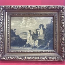 Ruins of an old castle in the landscape. The picture is painted on cardboard picture