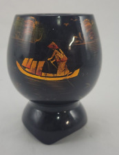 Black Laquer Footed Wooden Bowl Vase Planter Boats Hand Painted Vietnam VTG picture