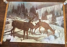 Sears Roebuck MCM Large Wall Mural Winter Deer Scene 45x65 1961 VTG picture