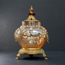 Vintage Amber Crackle Glass Potpourri Jar Beaded Hollywood Regency 9