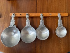 VINTAGE CROSBY & TAYLOR FOLK ART PEWTER FISH MEASURING CUP SET WOODEN HANGER picture