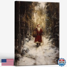 ECUASMR Vintage Christmas Santa Claus Walking on Snow 24X36 in Wrapped Framed picture