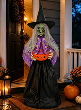 Halloween Witch Animatronic with Candy Bowl, Moving Head & Mouth, Sound picture