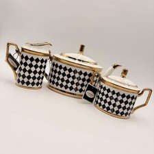 Almeria Collection Harlequin Black White Gold Porcelain Tea Set 3pc New picture