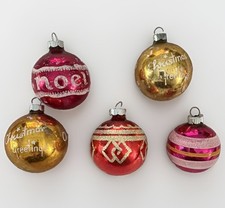 Vintage Shiny Brite Glass Christmas Ornaments Lot of 5 Noel Greetings Stenciled picture