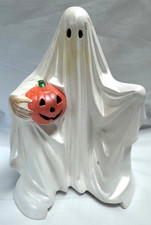 HALLOWEEN DECOR - VINTAGE CERAMIC MOLD GHOST HOLDING JACK-O-LANTERN picture