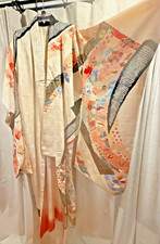 Antique Textured silk furisode kimono with crane and shibori embroidery picture