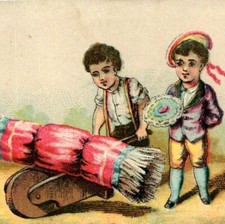 Victorian Trade Card Boys Giant Christmas Cracker Hand Truck Chromo Xmas Rare picture
