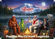 1970s RAINIER Beer Campfire Bigfoot DB Cooper Alien Yeti Legends METAL BAR SIGN picture