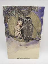 Samuel Schmucker Halloween Postcard Style Reprint Owl With Pixie 1905 2005 picture