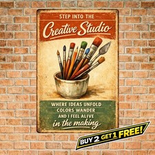Vintage Art Studio Paint Brushes Jar Metal Tin Sign Artist Wall Decor 8x12 picture