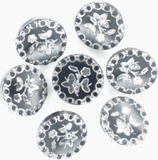 C1920-30s LOT 7 Vintage Floral Silver Luster Black Glass Flower Button Set picture