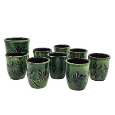 Set of 8 Sake Tea Cups Ceramic Handmade Green Color 1 Larger Cup Floral picture