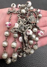 VTG Rosary Pink Floral Bow Painted Beads Faux Pearl Rhinestone Silver Tone 32” picture