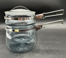 Vtg Pyrex Flameware Blue 6763-U 6763-L Glass Double Boiler Pots Fin Lid 1-1/2 Qt picture