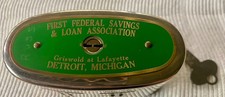 Vintage Metal Coin Savings Bank w/ Sliding Slots, Key Lock picture