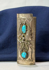 Vtg Sterling Silver & Turquoise Lighter Sleeve 13 Grams Floral Southwest Style picture