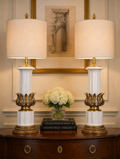 VTG 50s Nardini Studios Neoclassical Porcelain Gilt Collumn Table Lamps Pair 35