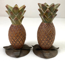 VTG MCM Set of 2 Wood & Brass Pineapple Tapper Candle Holders Tropical Decor 8x5 picture