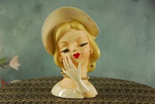 LOVELY~ Vintage Lefton #1115 Pearlescent Lady Head Vase Blonde w/ Earrings & Hat picture
