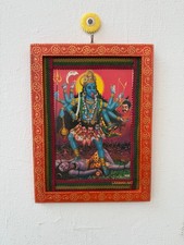 Vintage Goddess Kali Shiva Picture Hindu Art Wooden Wall Decor Frame - 9 x 12
