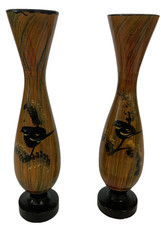 VTG Hand Painted Wooden Bud Vase Bird Lacquered FolkArt Boho Chic CottageCore 8” picture