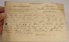 ANTIQUE 1887 MEMORANDUM H B SCHUREMAN AXE HATCHET MANUFACTURER NEWARK NJ picture