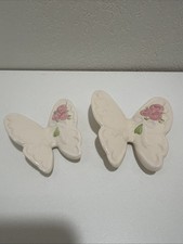 Vintage Pair White Butterfly Wall Hangings Decor Pink Rose Flower Porcelain picture