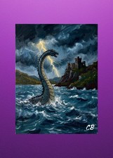 Loch Ness Monster Storm ACEO | Scottish Cryptid Folk Art | Castle Lightning picture