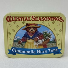 VTG Celestial Seasonings Tea Tin Chamomile Flower & Bear Collectible Yellow Box picture