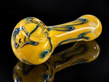 Mini Glass Tobacco Hand Pipe Golden Yellow Blue Swirl Pocket Size Compact picture