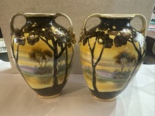 2 Vint. Nippon Moriage Porcelain Vase Hd/Ptd Outdoor Scene Gold Gilt As-Found picture
