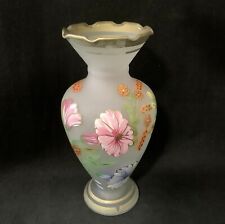 Vintage Frosted Satin Glass Vase Hand Painted Floral Victorian Style Gold Trim picture