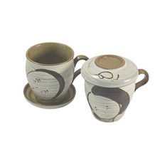 VTG Otagiri Japan Stoneware Mugs Lidded Saucer Boy Girl Faces 4.4in Set 2 MCM picture