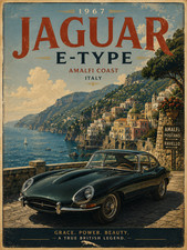 1967 Jaguar E-Type Poster Amalfi Coast Italy Classic Car Wall Art 13x19 picture